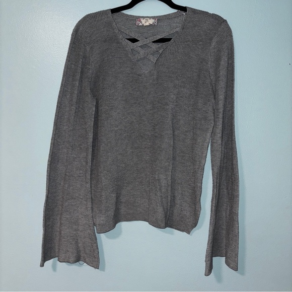 Pink Rose Women’s Flowy Grey Wide Sleeve Tunic Top w/ Crisscross Detail Neckline - Picture 1 of 7